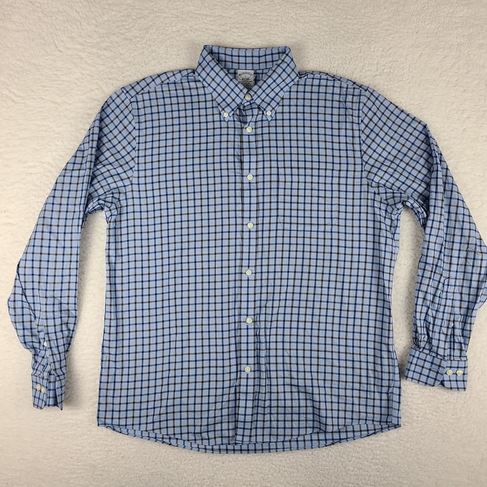 Brooks Brothers Dress Shirt Mens Large Blue Brown Check Non Iron Button Up